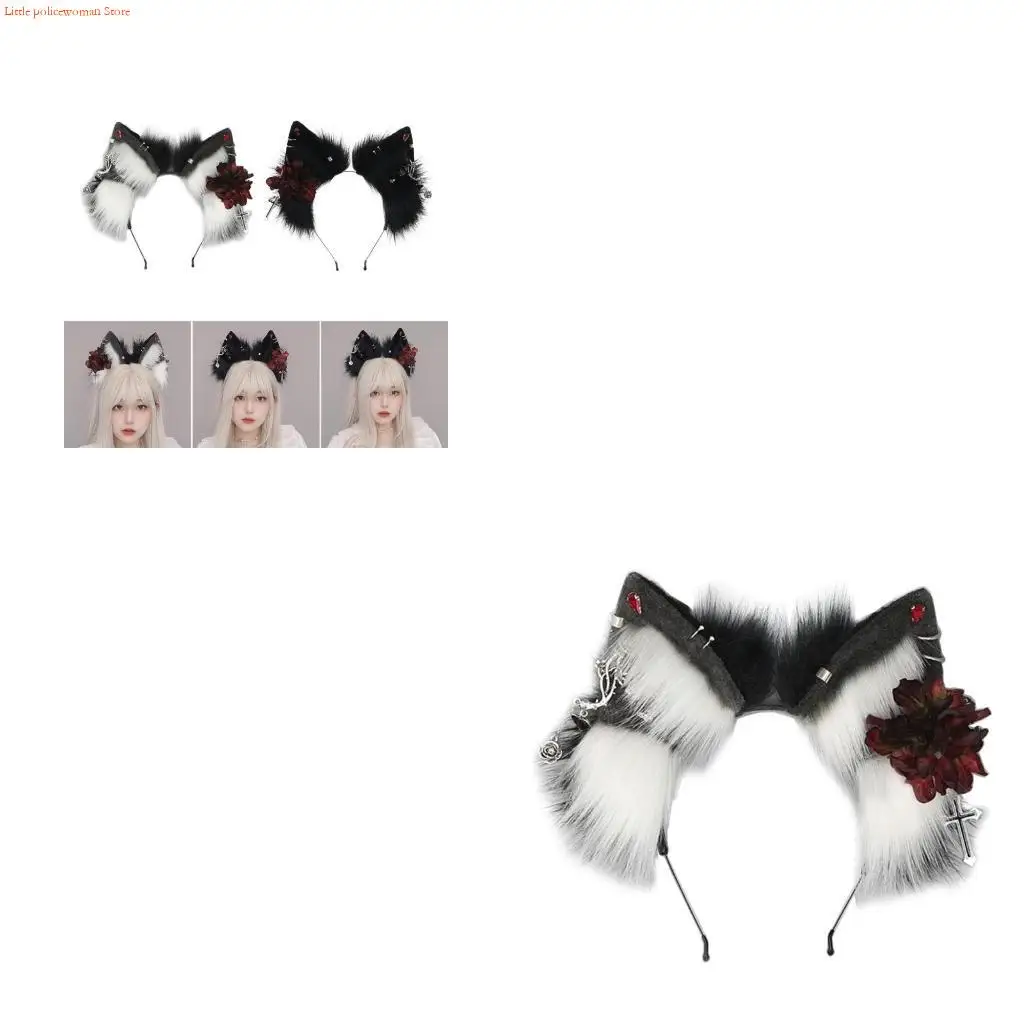 F92D Cartoon Wolf Ear Hair Hoop with Flower&Earring Decors Hair Holder Party Headwear
