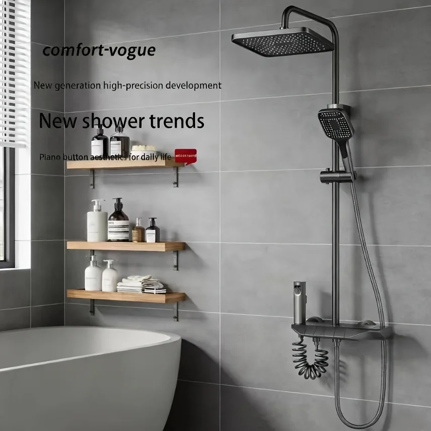 

Modern 4-in-1 Shower System with Piano Key Faucet & Handheld Spray - Wall-Mounted Bath Set, Adjustable Height Rectangular Shower Head, 3-Mode Spray Functions (Rain/Shower/Combine), Polished Metal for /Outdoor use