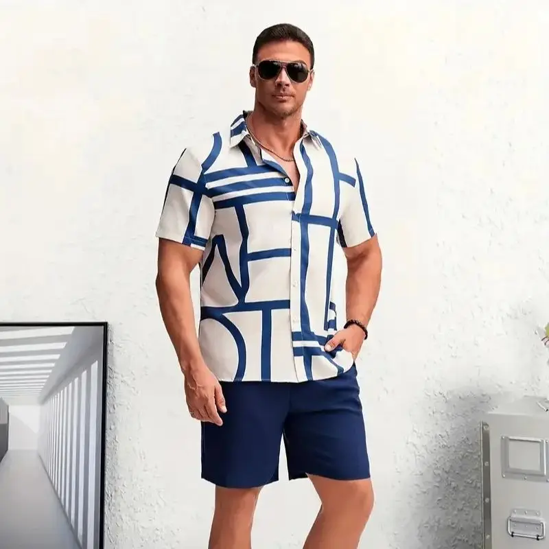 Summer Short Sleeve Shirt Set Irregular Design 3D Printing Fashion Button Down Shirt Casual Short Sleeve Shirt Beach Shorts Set