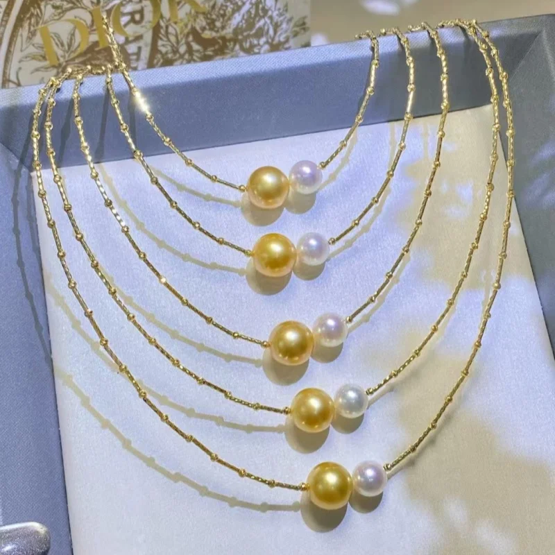 

New Fine Jewelry Pure 18K yellow Gold Necklace Pendant AU750 Natural Seawater gold pearls Round Exclusive Party Wedding Giftx742