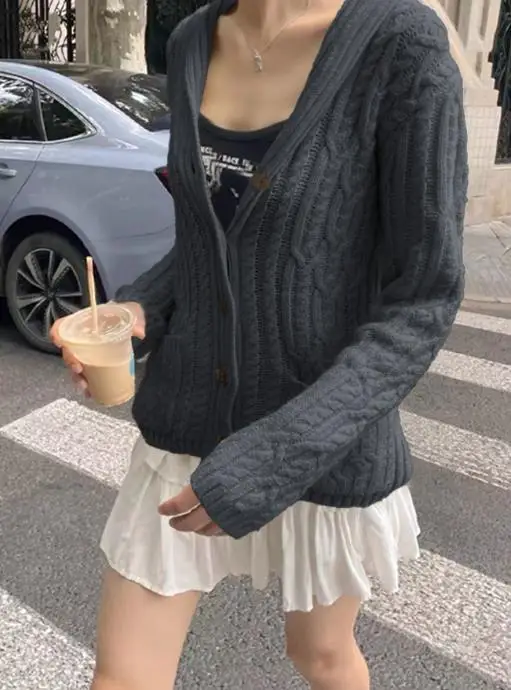 

Французский повседневный женский осенний модный кардиган, вязаная куртка, минималистичная куртка на пуговицах с длинными рукавами, шерстяная женская одежда