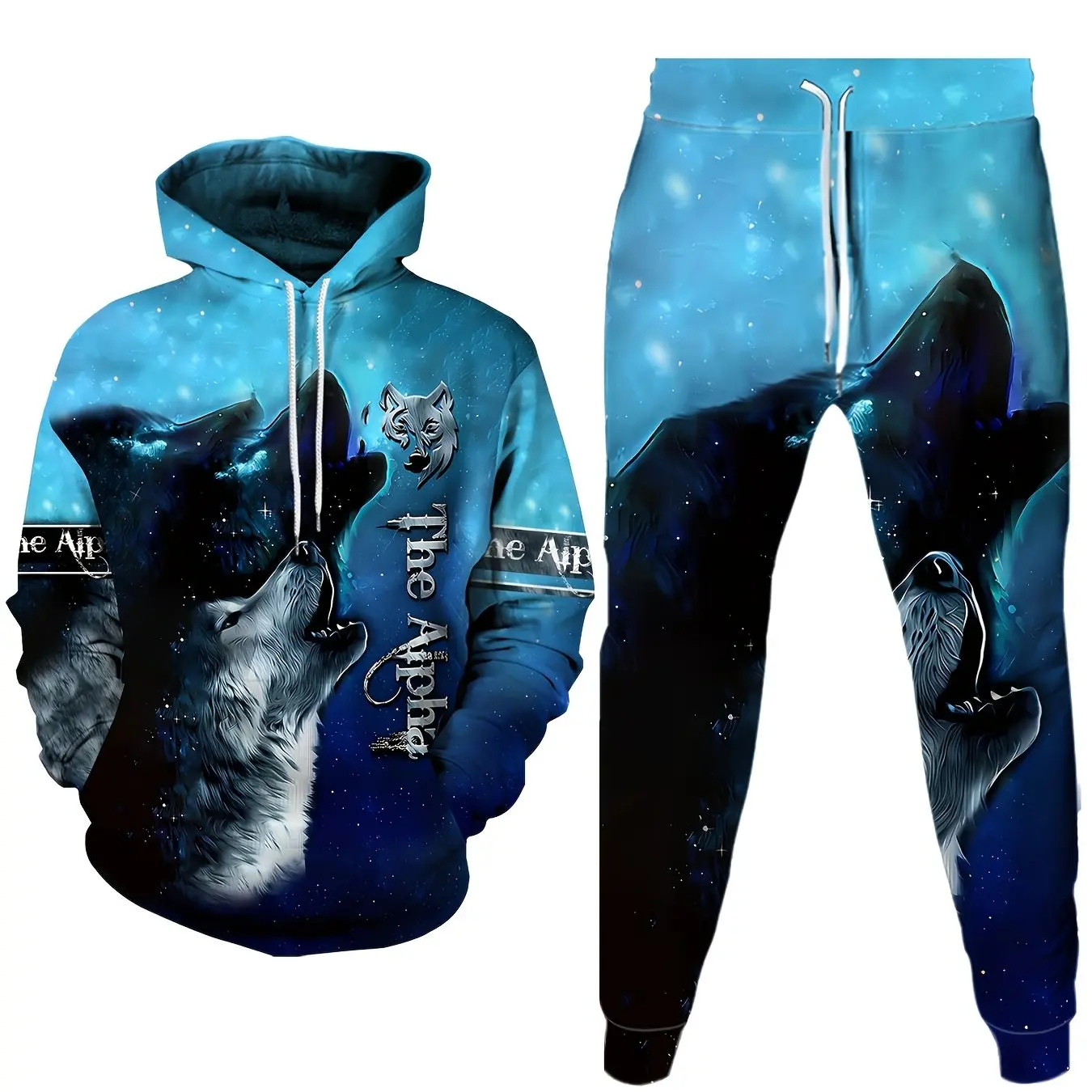 Schwarz-Weiß-Wolf Grafik Hoodie 2 Stück Sets 3D-Druck Männer/Frauen Unisex Kapuze Sweatshirt Hose Set Outdoor Sport Pullover Anzüge