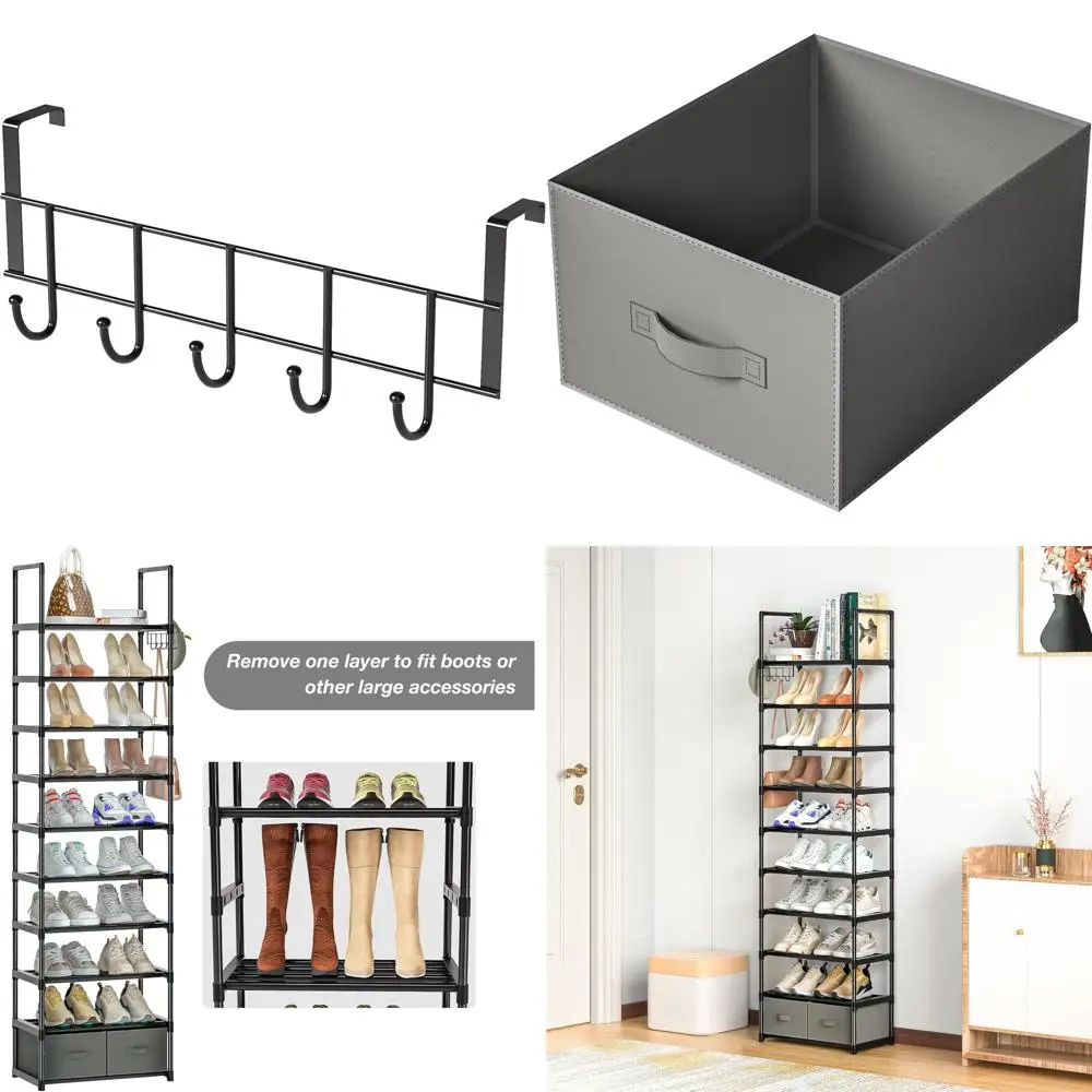 Narrow 10-Tier Shoe Rack for 20-25 Pairs, Metal Storage Organizer with 2 Boxes and 1 Hook