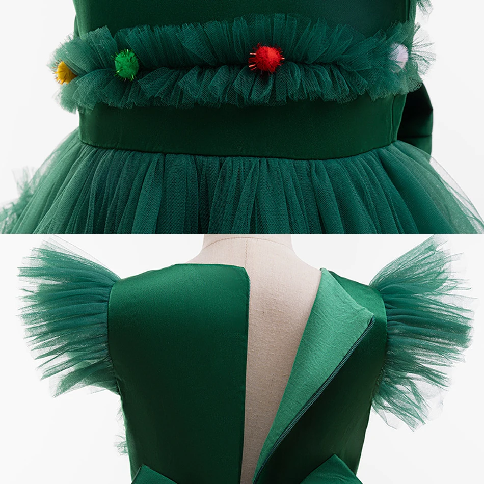 أطفال شجرة عيد الميلاد فستان الأميرة الفتيات عيد الميلاد الأخضر السنة الجديدة ملابس الأطفال مهرجان عطلة الكرة ثوب شبكة Bowknot وتتسابق