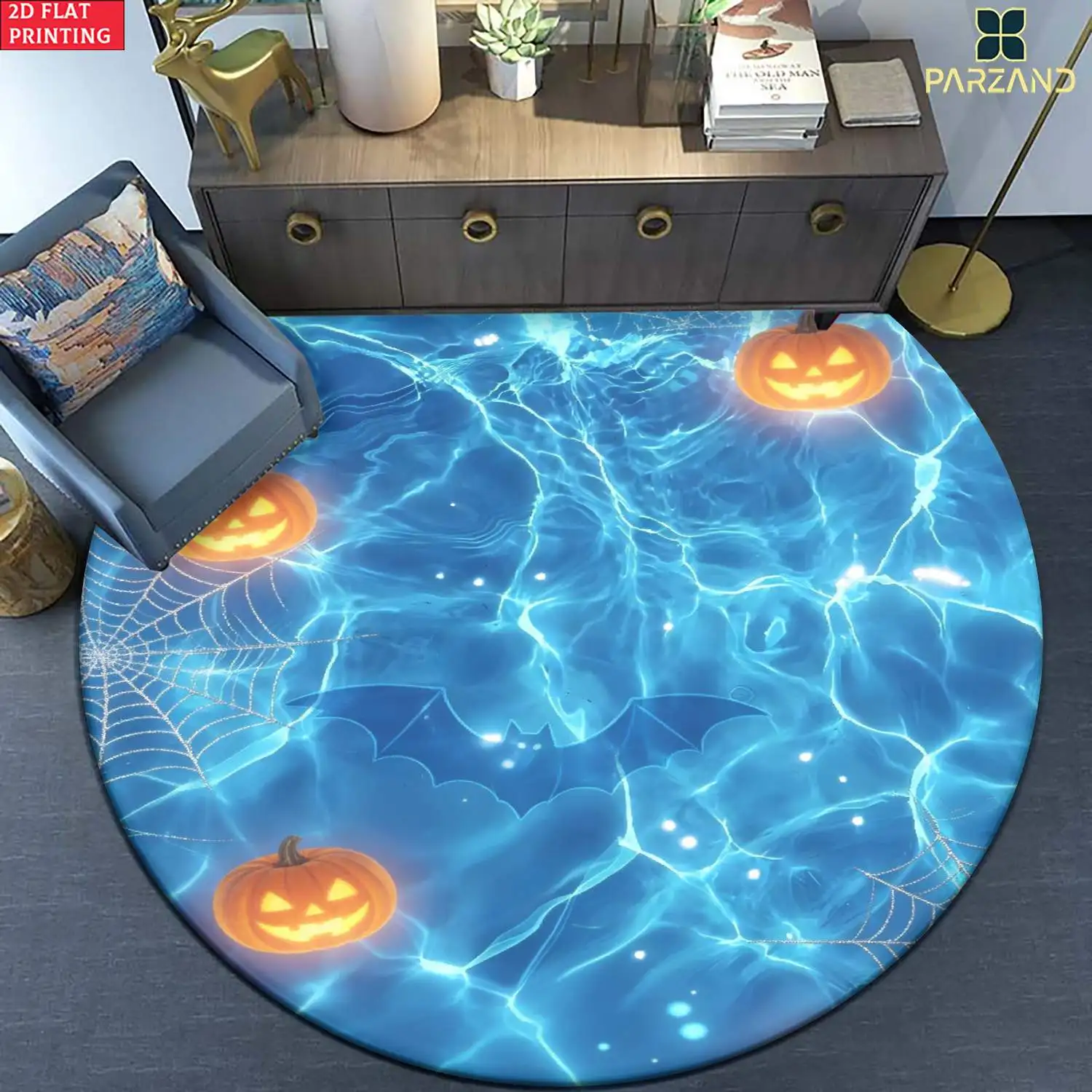 Decorative Round Halloween Pumpkin Bat Glow Rug Polyester Mat for Living Room Party Home Decor Accent Carpet
