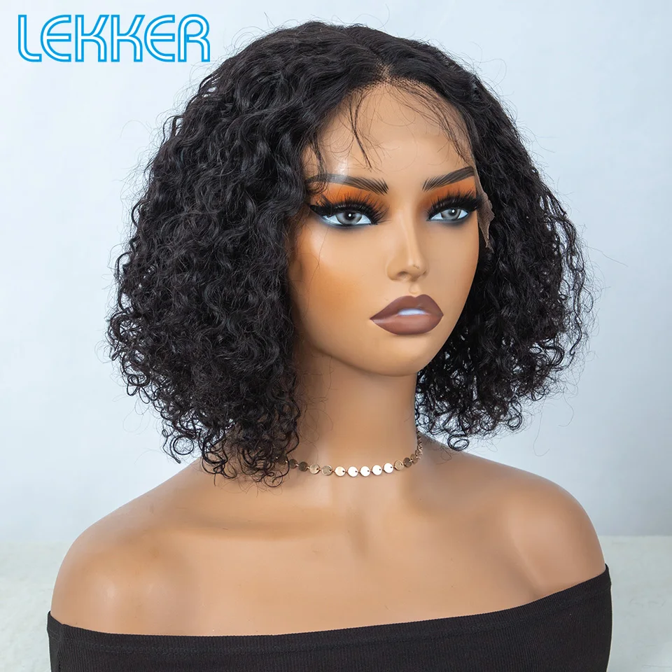 

Парик Lekker из 100% натуральных человеческих волос, черный, длинный, пикси, кудрявый, боб, с центральным пробором, на кружевной основе, для женщин, бразильские волосы Реми, без клея