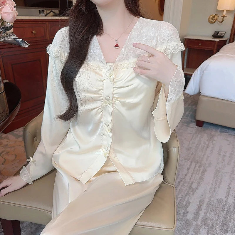 

Summer Elegant French Style 2PCS Pajamas Set V-Neck Lace Ice Silk Nightwear Women Satin Pajamas Top pant Simple Home Clothes