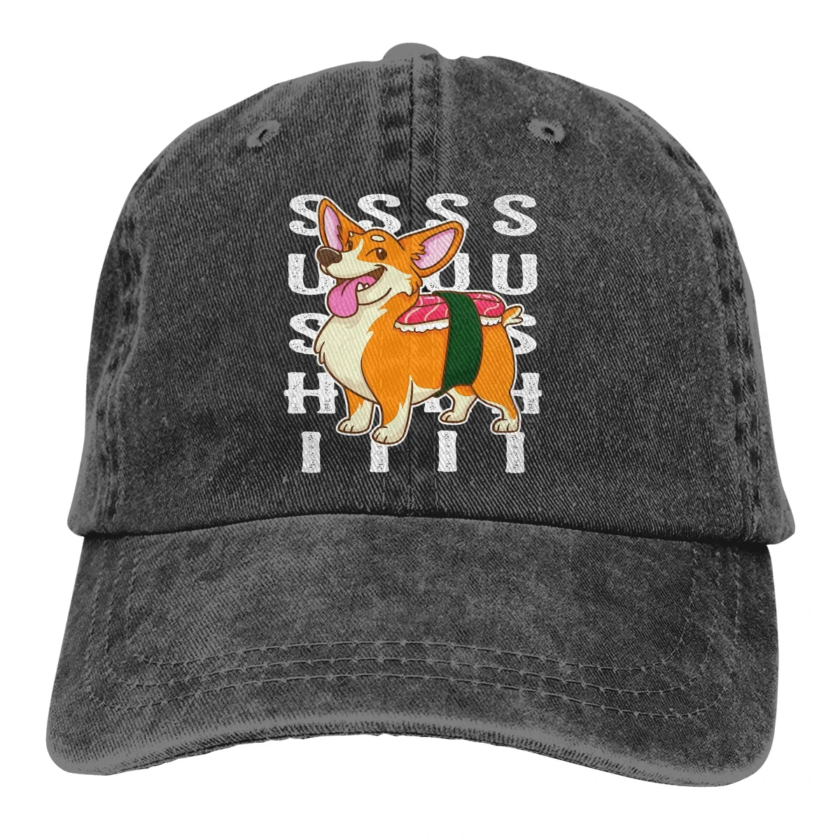 Adjustable Solid Color Baseball Cap Happy Corgi Nigiri Sushi Washed Cotton Sushi Corgi Kwaii Dog Humor Foods Sports Woman Hat