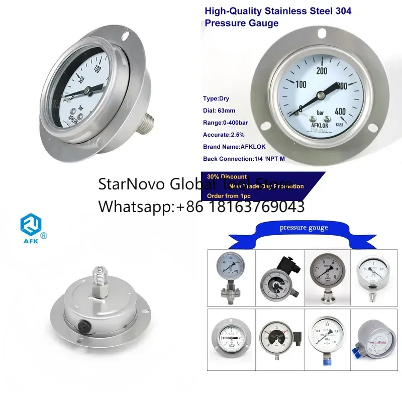 2026 Hot！ 0~400 Bar Back Mount Pressure Gauge 1/4NPT Male Thread Connection Stainless Steel Dial 63mmfor Manifold System