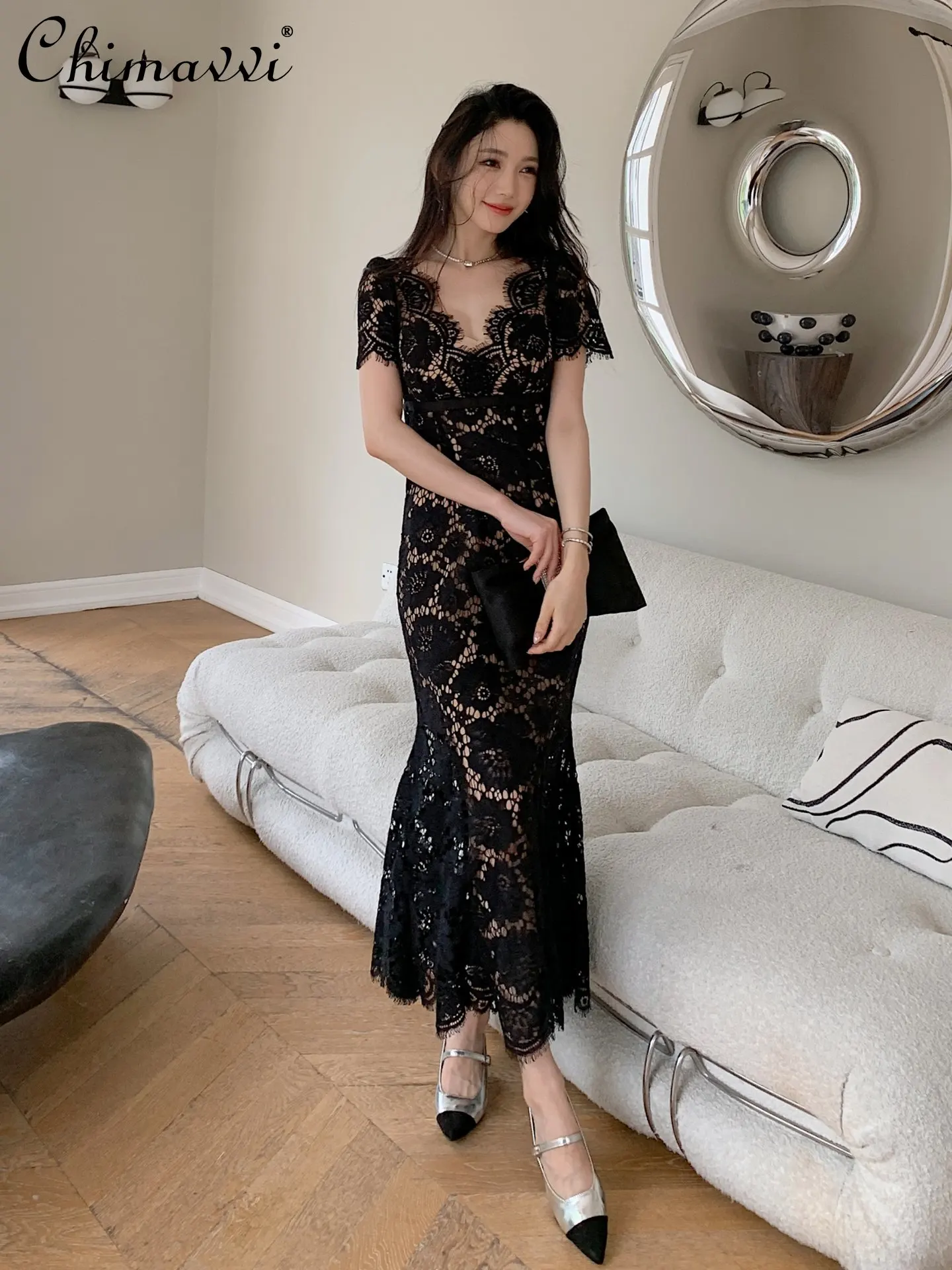 

New Classic Black Sexy V-neck Lace Dress 2025 Autumn New Fashion High-end Slim Fit Elegant Birthday Party Mermaid Long Dress