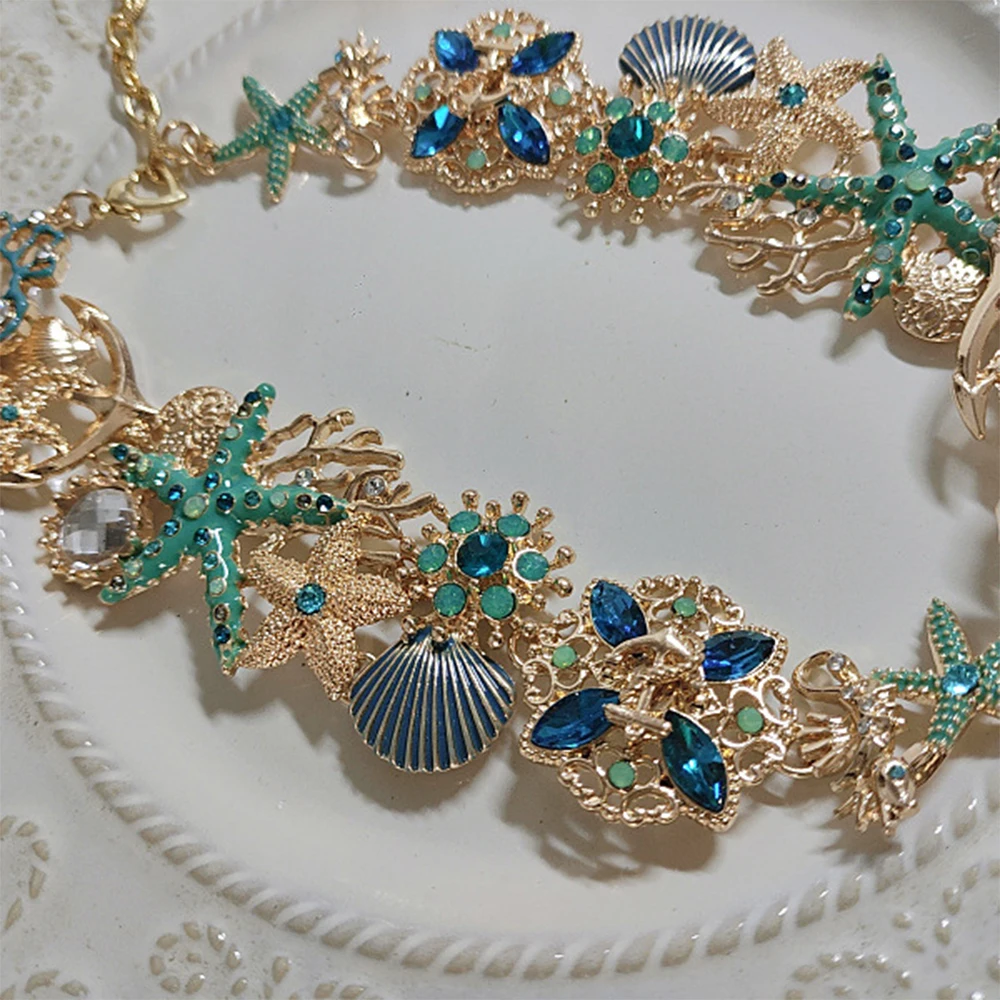 Vintage Ocean Style Shell Sea Star intarsiato con diamanti collana bracciale orecchino in argento per set di gioielli da ragazza da donna set da donna