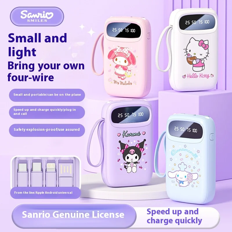 New Sanrio Power Bank 10000mAh Fast Charging Built-In Cable Ultra-Thin Portable Can Illuminable Perfect Gift for Sanrio Fans