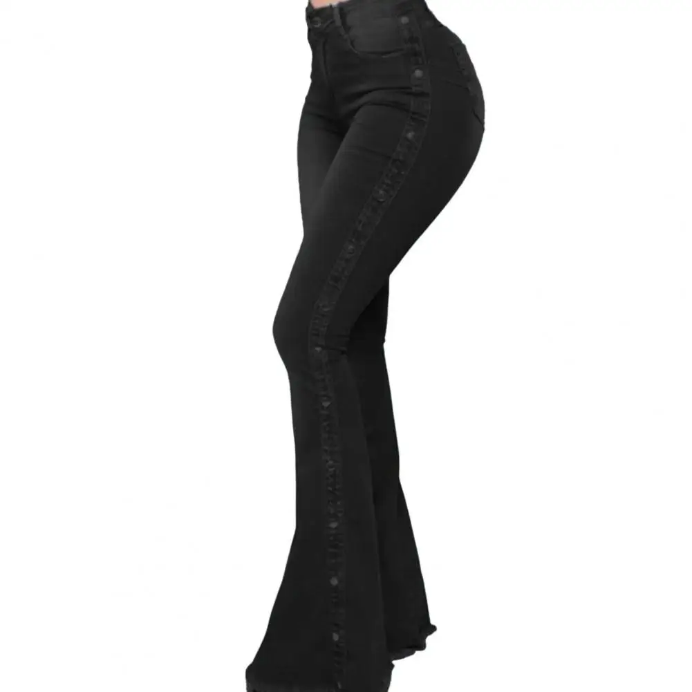 

Stylish Flare Jeans High Waist Floor Length Women Slim Fit Rivet Decor Flare Jeans Washed Denim Trousers Female Clothing
