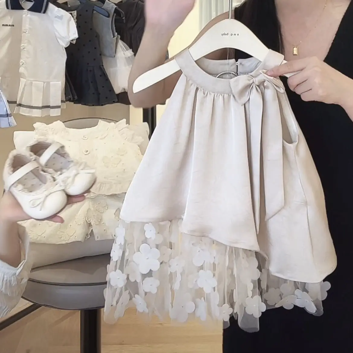 أطفال بنات لطيف الدانتيل شبكة سترة فستان 2025 جديد وصول الأطفال القوس حفلة الرسن فساتين الأميرة الصيف شبكة فستان الشمبانيا