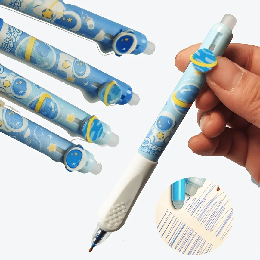 8-Pack of Randomly Assorted Blue Erasable Gel Pens, 0.5mm Tip Creative Astronaut Design, Smooth Writing, Retractable Press-Type Design, Stain-Resistant, Suitable for Journals, Drawing, Note-Taking, Sudoku Games, Office and School Supplies.