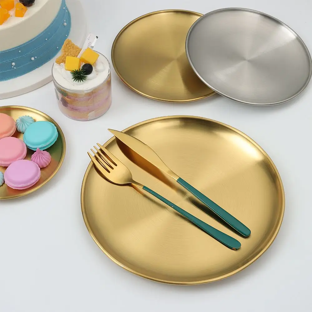 Plato de acero inoxidable para escupir hueso, bandeja poco profunda de oro y plata, disco de comedor de Metal, plato redondo, vajilla de postre, 14 CM, 17 CM, 20 CM, 23 CM, 26CM