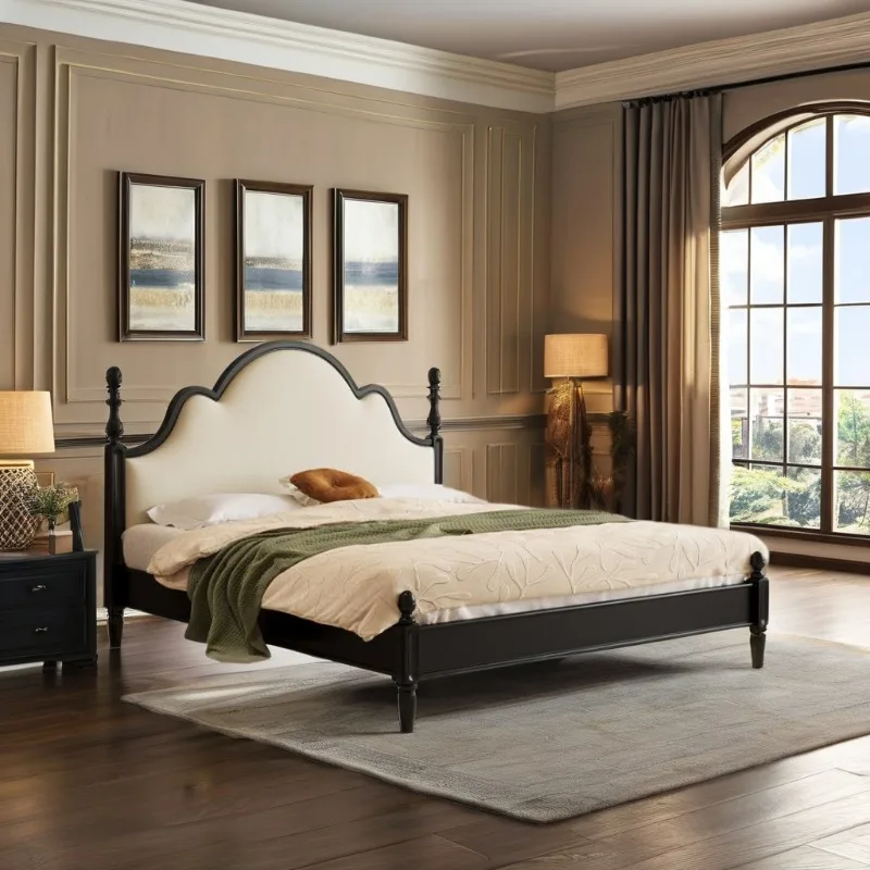 Solid Wood Oak Furniture Custom American Country Retro Luxury Double Bed Simple Carved Roman Column Soft Pack Modern Wall Bed