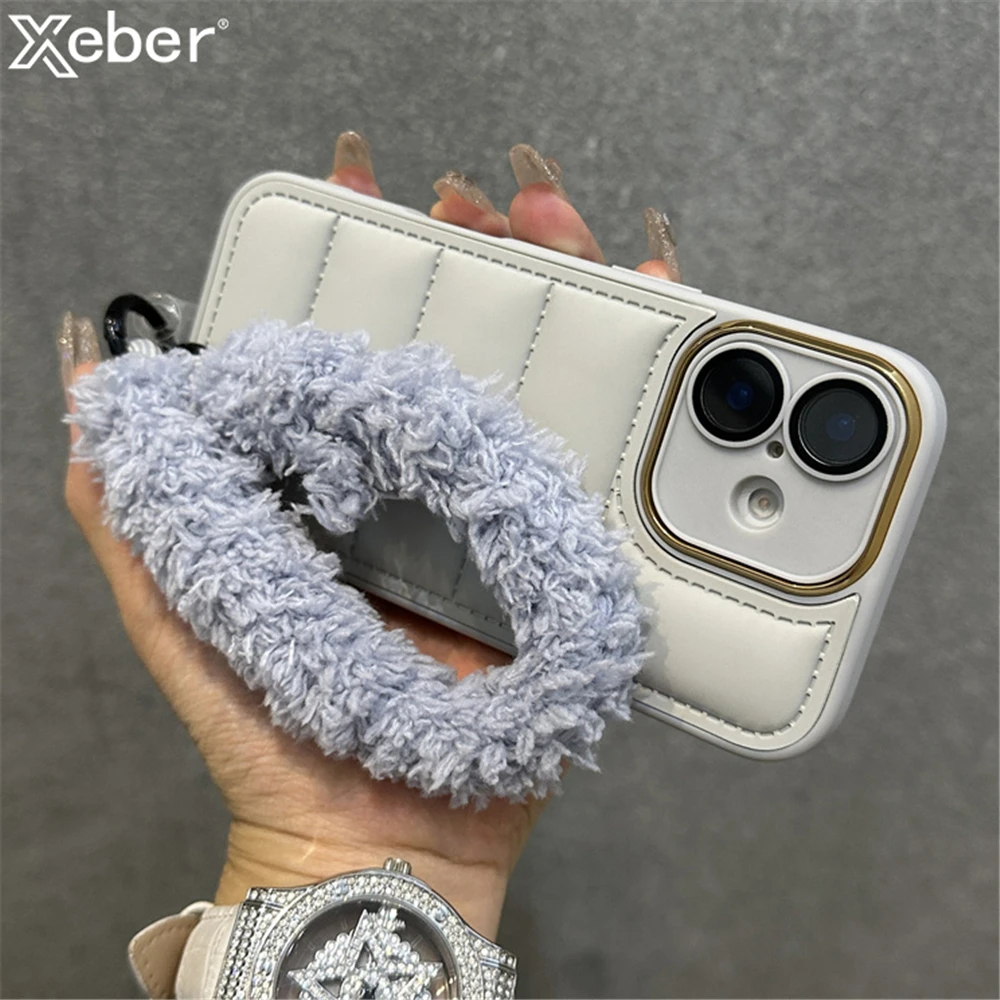 Fashion Down Jacket The Puffer With Wrist Strap Phone Case For iPhone 15 14 13 11 12 16 Pro Max Plus Soft Silicone Bumper Cover