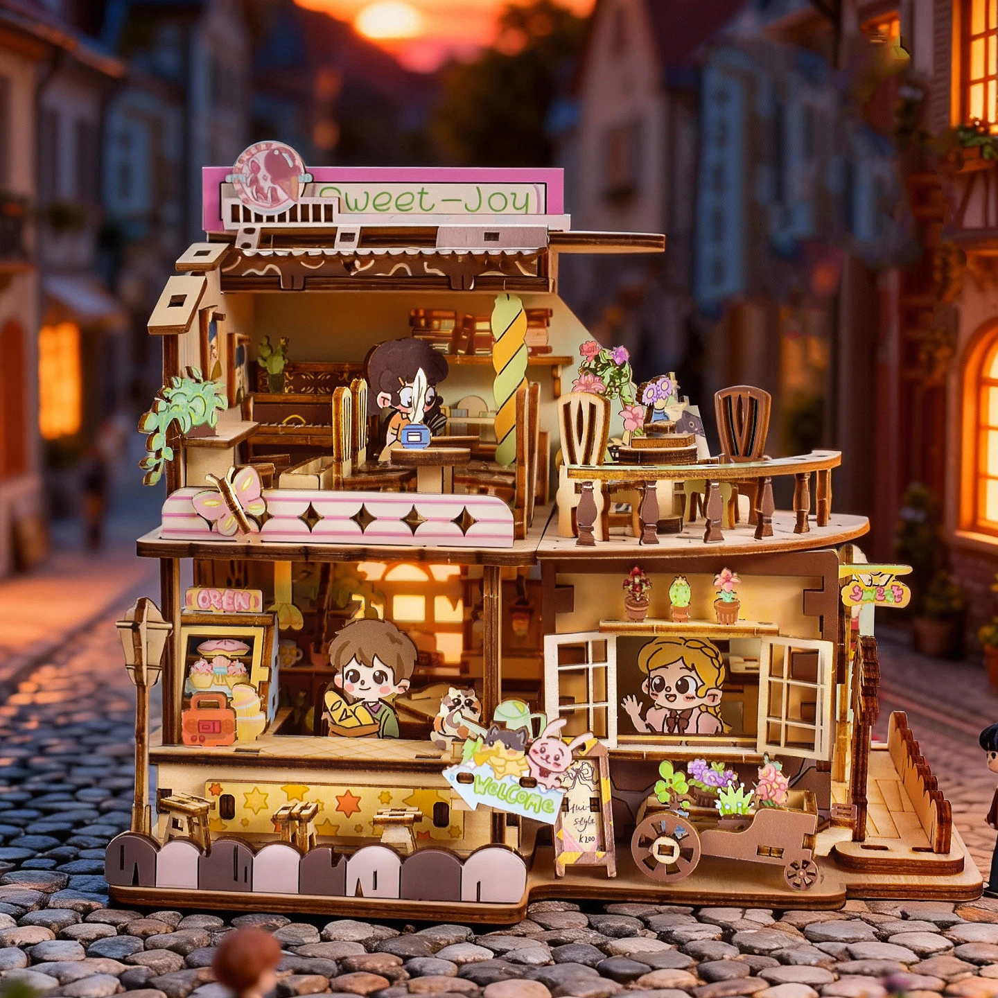 

DIY 3D Wooden Sweet House Dessert Dollhouse Jigsaw Puzzles Miniature Model Kits with Lights for Friends Birthday Gifts