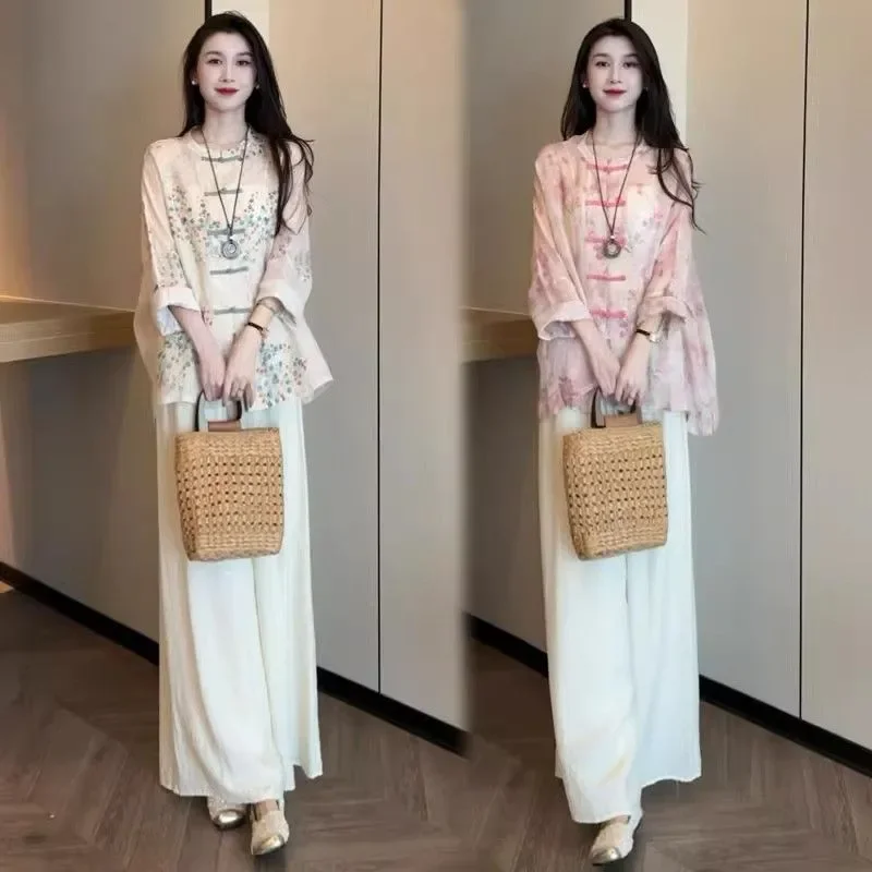

Fashion Suit for Women in Spring and Autumn Trendy New Style with Chinese Style Buckle Top and Wide Leg Pants Two-piece Set