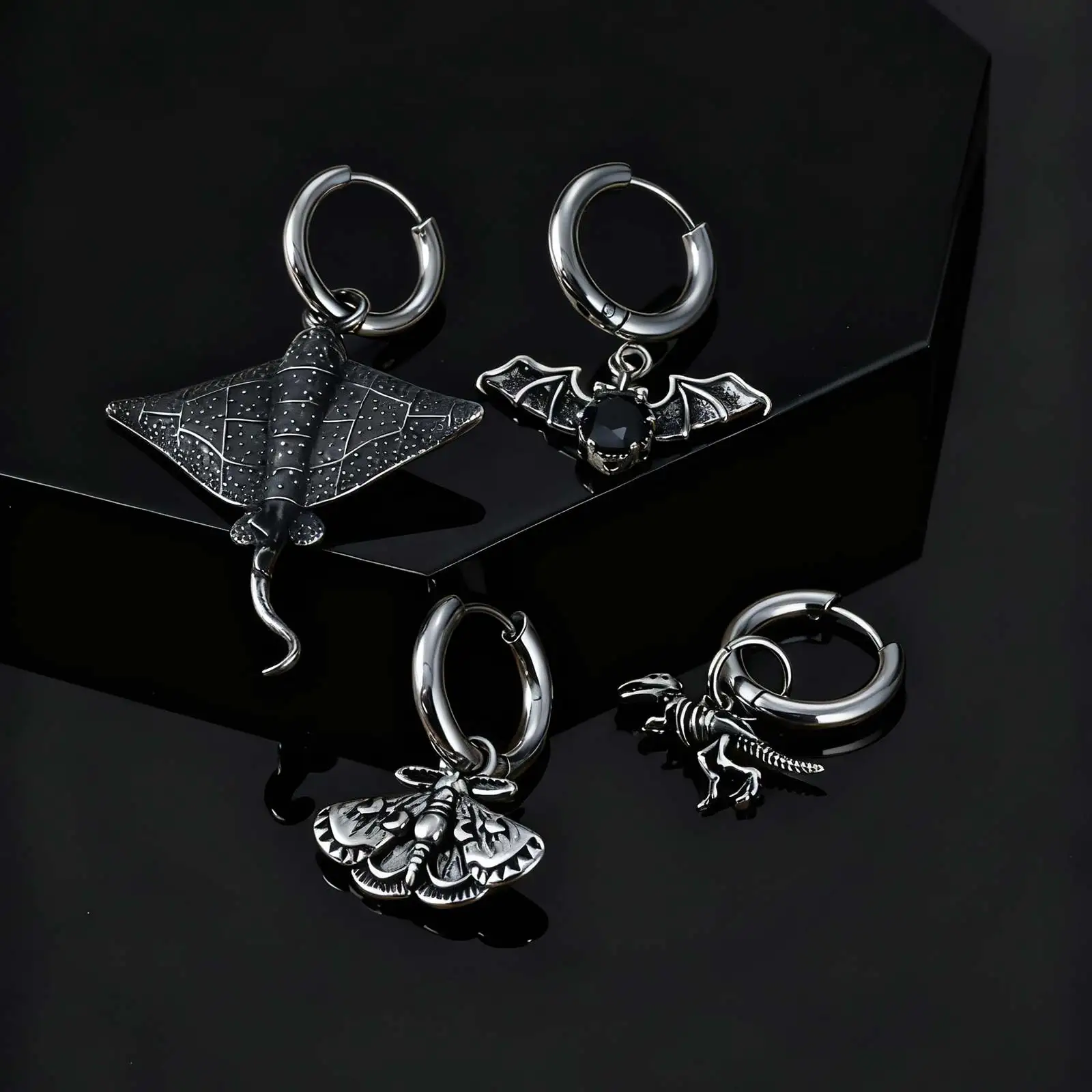 Gothic Vintage Bat Moth Pendant Earrings for Men Male, Fashion Dinosaur Stainless Steel Drop Earrings, Punk Piercing Jewelry