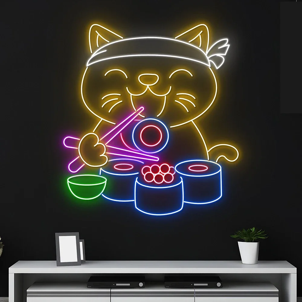 Lucky Cat Eating Sushi Neon Sign Fortune Cat Eating Sushi LED Light Sushi Food Shop Storefront Decor Custom Restaurant Neon Sign