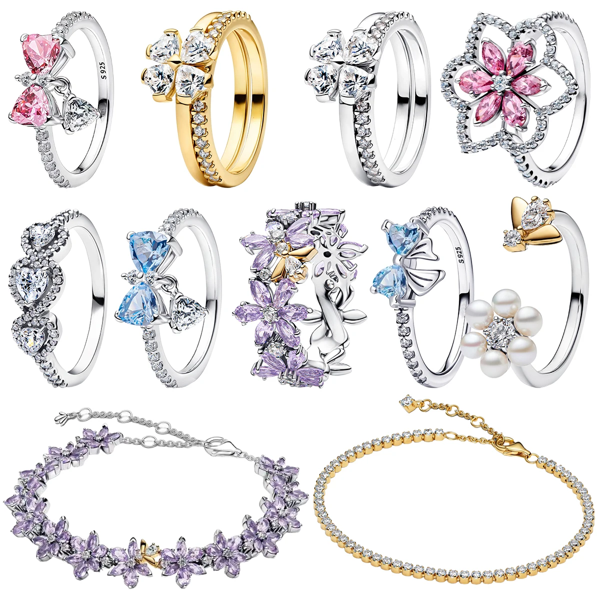 

S925 Silver Plated Heart Gem Floral Pearl Cluster Cherry Blossom Bow Clover Blue Pink Purple Rings Bracelet Fine Jewelry Gift