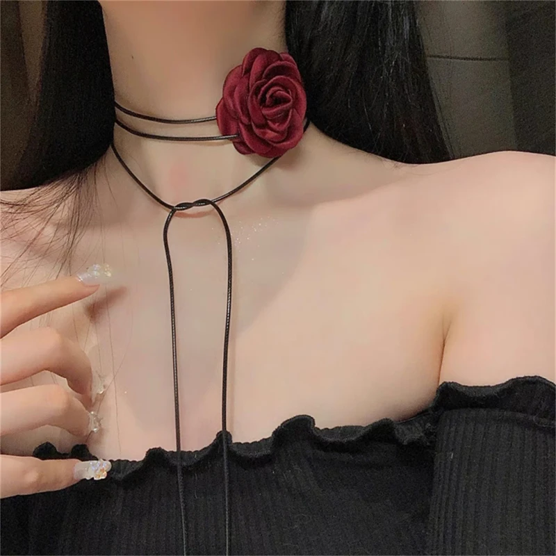 

Big Rose Flower Clavicle Chain Necklace Romantic Gothic For Women Ladies Korean Fashion Adjustable Rope Choker Party Accessories