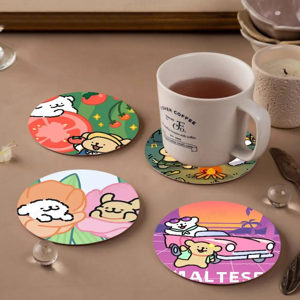 Line CARTOON P-PuppyS Themed Wooden Coaster Creative Heat-Resistant Non-Slip Table Mat, Suitable for Protecting Desktop