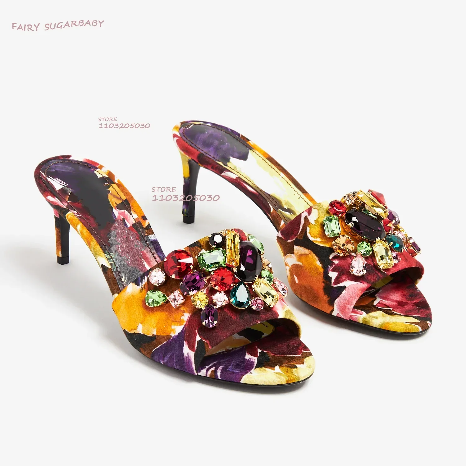 

Colorful Embroidered Jewelry Sandals Women Low Heel Open Heels Blue Embroidery Flowers Gold Graffiti Bling Slippers Yellow Shoes