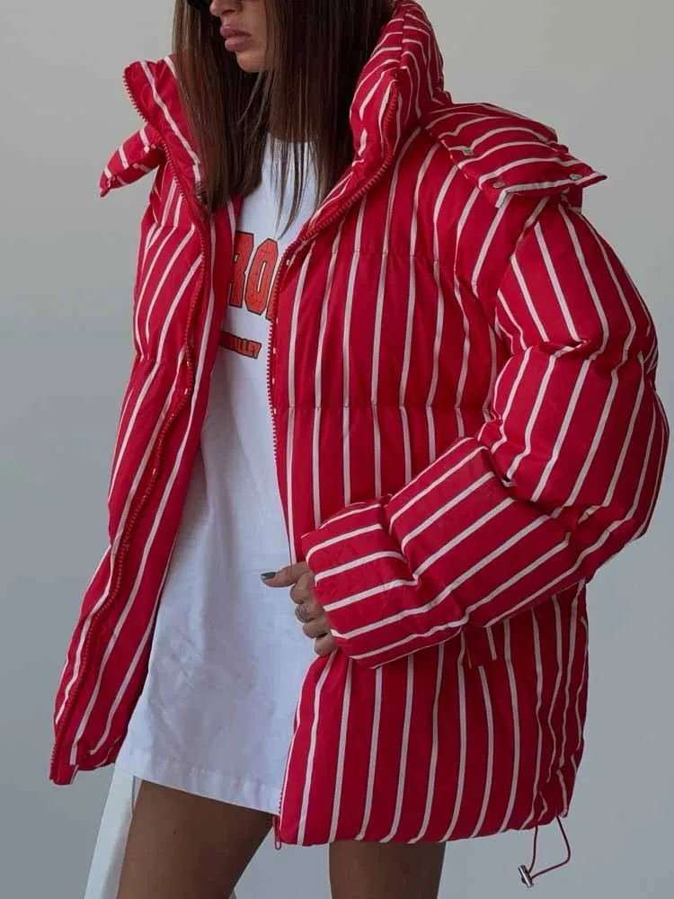 

BKQU Winter Striped Padded Jacket Women's Hooded Zipper Warm Thicken Quilted Coats 2025 New Casual Lady Street Parkas Outerwear
