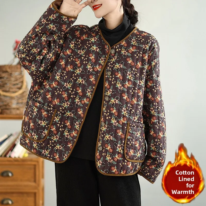 

High-End Anti-Aging Winter New Style Retro round Neck Single Button Loose Casual Double Pocket Cotton Jacket Women