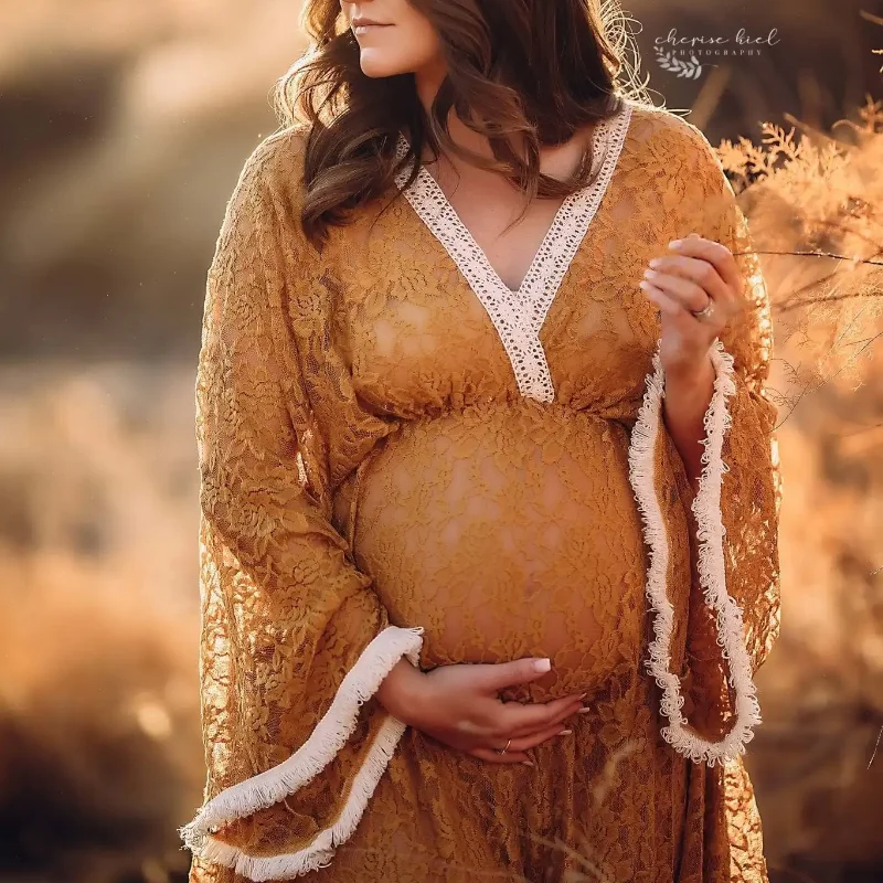 Boho Maternity Lace Yellow Evening Dresses Photography Props Sexy V-neck Long Gown Pregnancy For Photoshoot Fashion Baby Shower