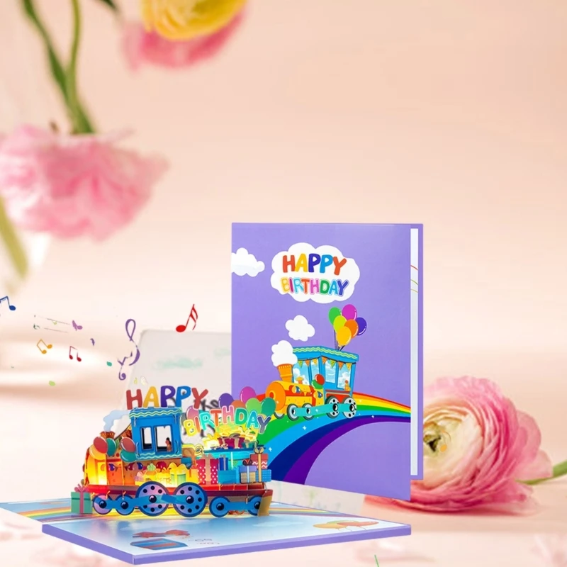 Unique 3D Light Up Rainbow Train Greeting Card with Music Foldable Surprise Card