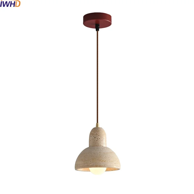 

IWHD Japanese Style LED Pendant Lamp Balcony Bedroom Living Room Yellow Travertine Hanging Light Fixtures Luminaire Suspendu