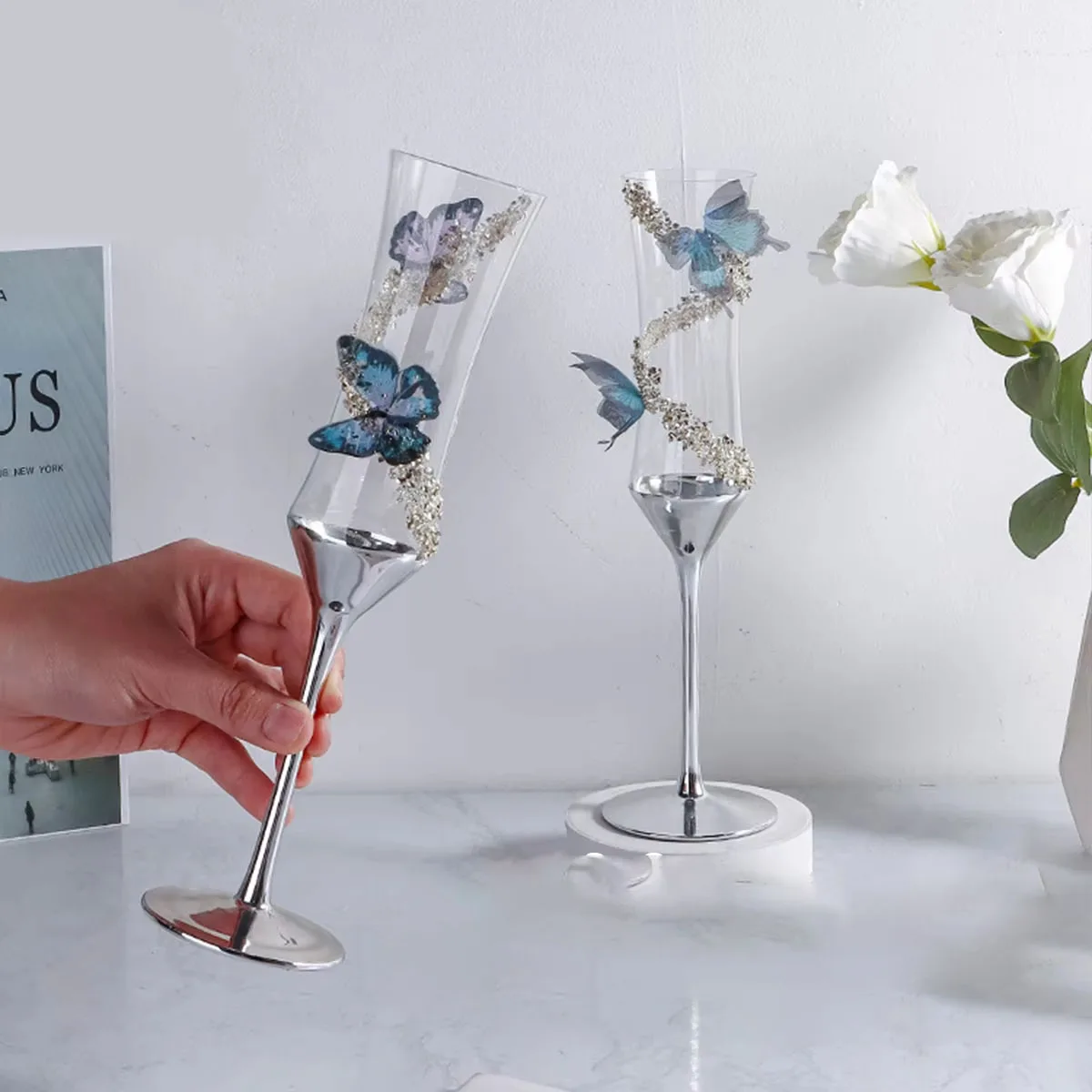 

Butterfly Champagne Glass Electroplating Household Crystal Glass Champagne Flute Wedding/Party Goblet