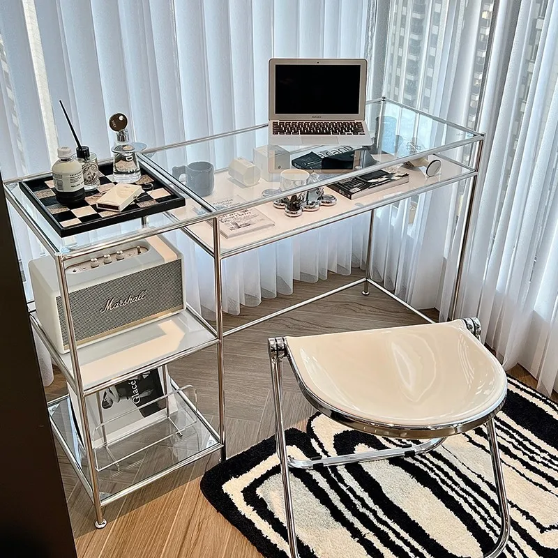 

Medieval stainless steel computer desk light luxury tempered glass writing household simple makeup table