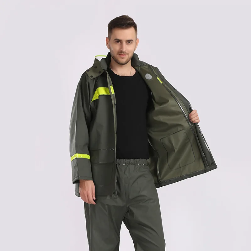 Army Green Thick Knit Raincoat Set Outdoor Fishing Riding Raincoat Split Raincoat Rain Pants Set