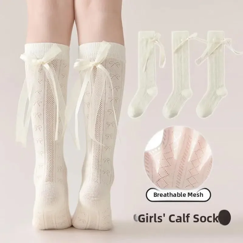 

Girls Mid-Calf Socks Summer Thin No-Cuff Black Knot Leg Socks for Girls to Match Leather Shoes Children's Sport Socks