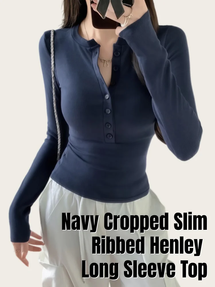 Korean Style Women's Navy Blue Ribbed Fabric Round Neck Half-Button Front Slim-Fit Henley Long-Sleeve Top