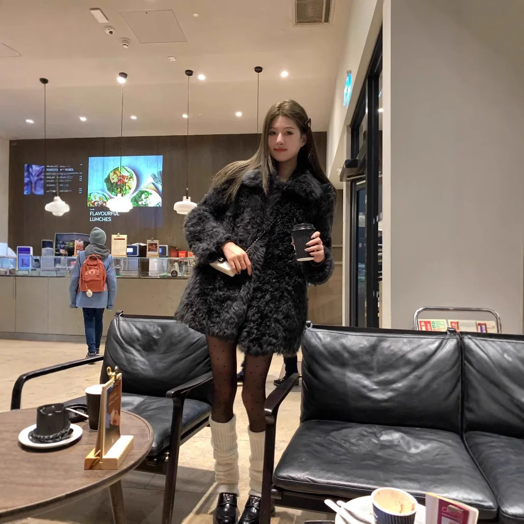 Chaqueta térmica de piel sintética para mujer, traje de color sólido con cuello, prendas de vestir de piel integradas, abrigo de piel Artificial esponjoso para mujer