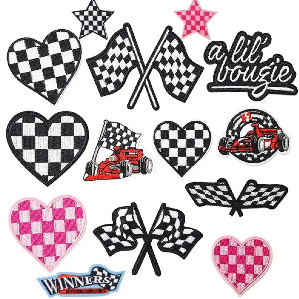 

Cartoon Racing Game Logo Retro plaid Flag series for on Ride Clothing DIY Hat Ironing Embroidery Patch Clothes Appliques