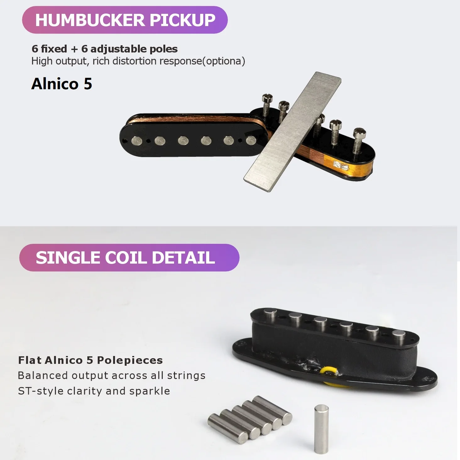 FLEOR 3-teiliges ST HSS SSH E-Gitarren-Tonabnehmer-Set Alnico 5 Single Coil -Humbucker Pickup Schwarz 5K+5K+14K – Detail 4