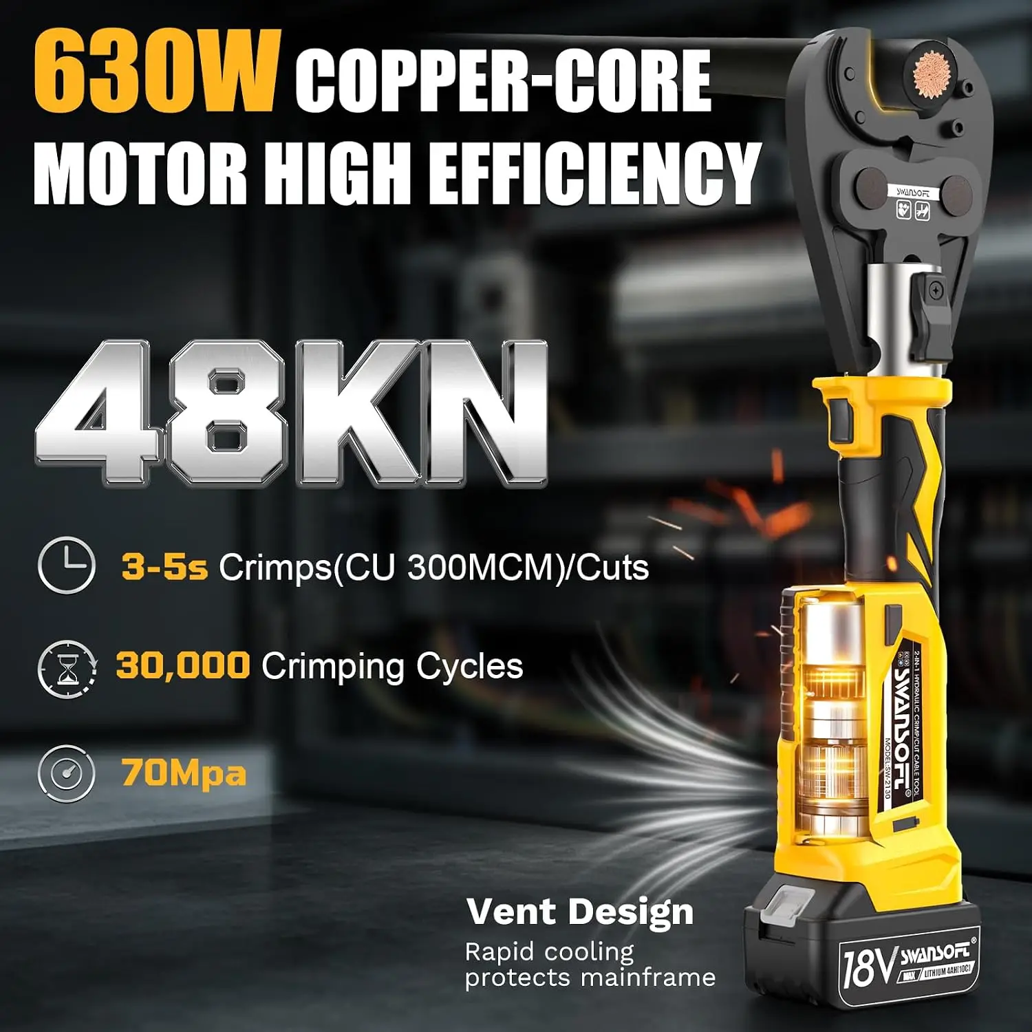 SWANSOFT 5Ton 2-in-1 Cordless Hydraulic Cable Crimping & Cutting Tool, Continuous Crimp, 11 Dies for 6AWG-600MCM, Battery Powered Wire Crimper Cutter Kit for Copper & Aluminum Terminal Lugs