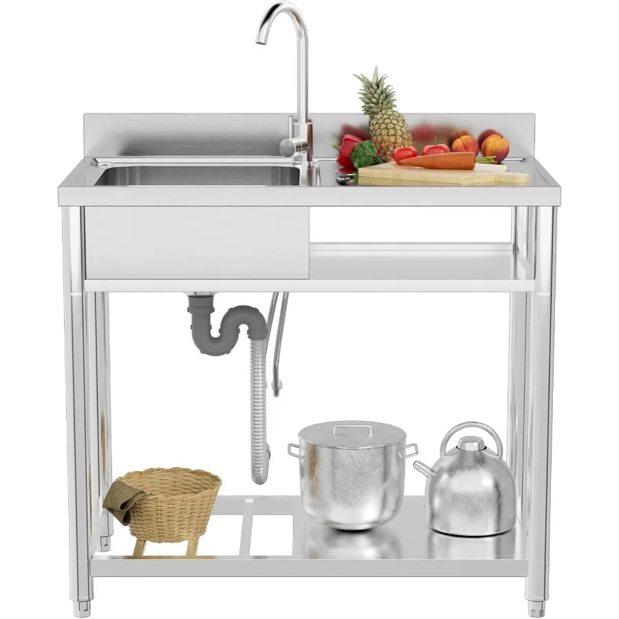 

Stainless steel single bowl kitchen sinks with 360 swivel faucet ideal for laundry room and outdoor use durable 39 inch utility