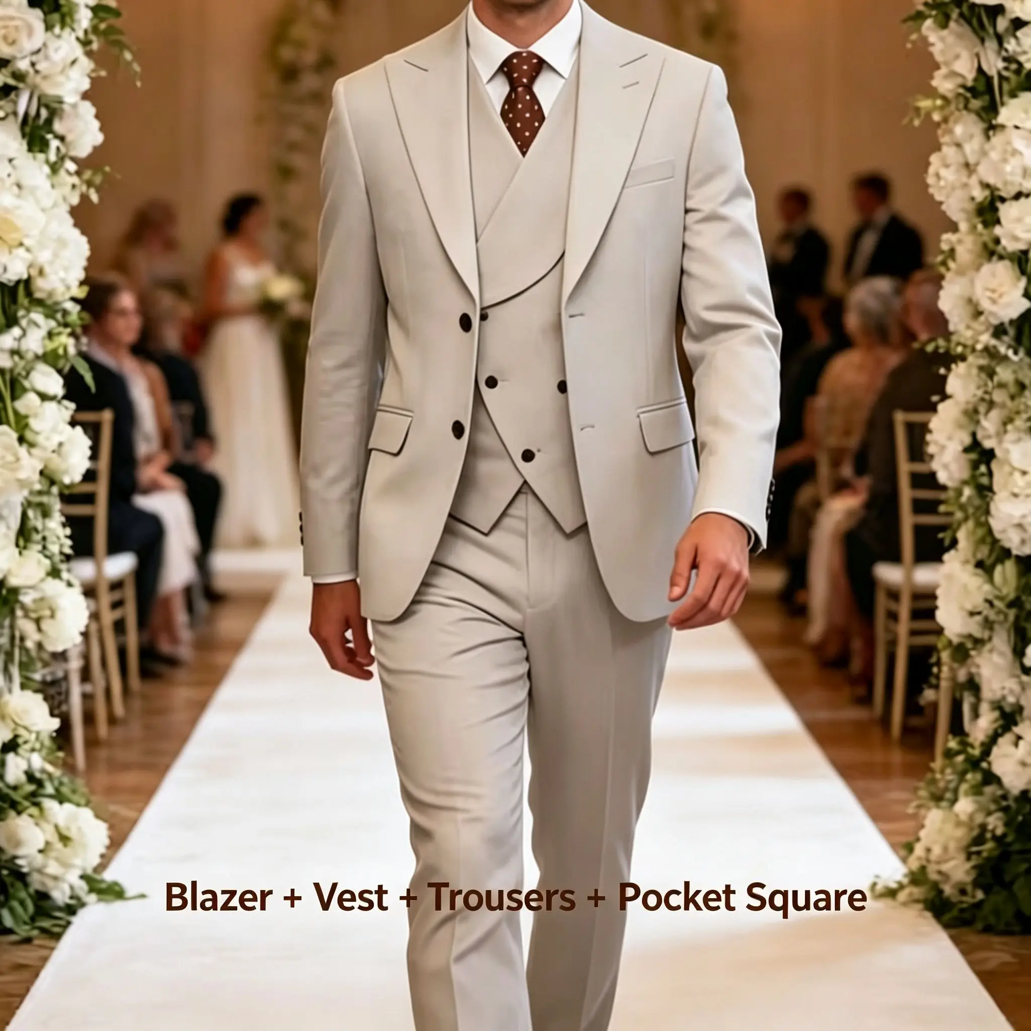 

Men's Ivory White 3-Piece Suit Slim Fit Peak Lapel Blazer Vest Trousers With Free Pocket Square For WeddingProm Formal Occasions