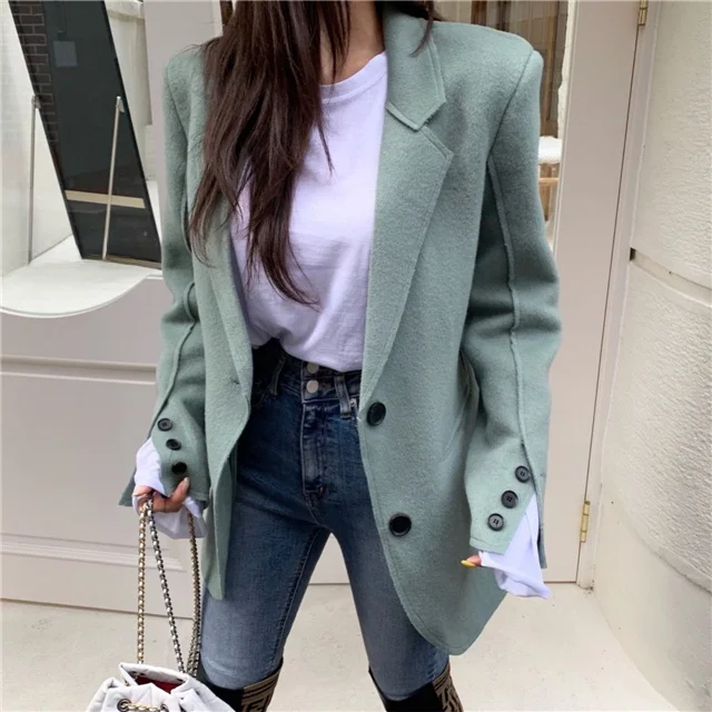 

Женский костюм Jaet, корейский сле, осенне-зимний новый ретро Faion, однотонный топ с лацканами и поясом, двусторонний одинаковый топ