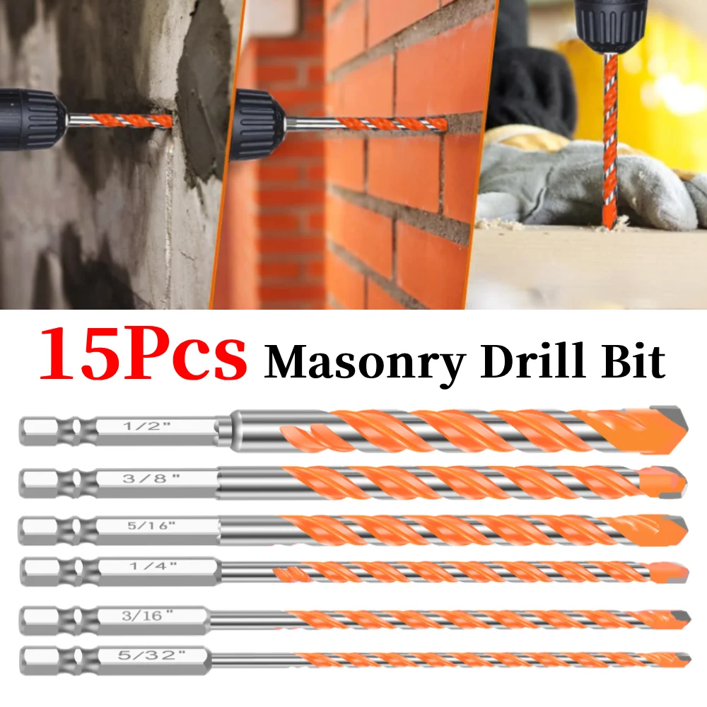 

15 шт. новые сверла по бетону из вольфрамовой стали от 5/32 до 1/2 дюйма, противоударный набор сверл для плитки с шестигранным хвостовиком 1/4 дюйма для плитки и стекла
