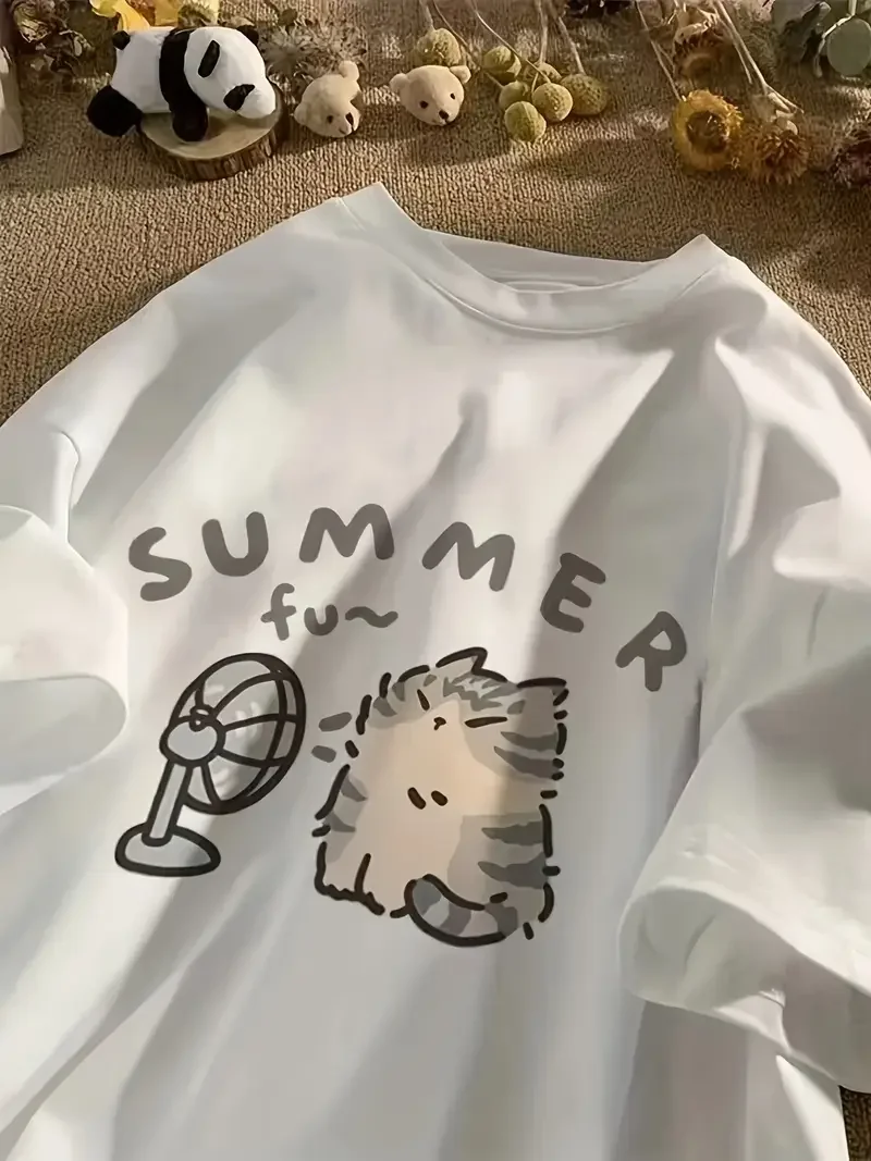 

Plus - Size Women's White Short - Sleeve T - shirt, Summer Cat & Fan Cartoon Print, Cute & Comfortable