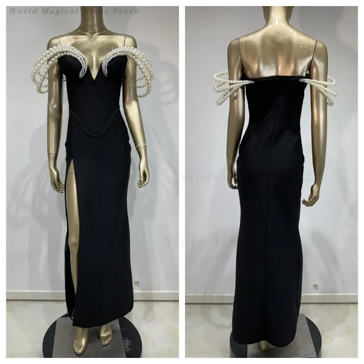 Women New Arrival European Minimalist Pearl Split Leg Bandage Maxi Dress Sexy Bodycon Birthday Banquet Cocktail Party